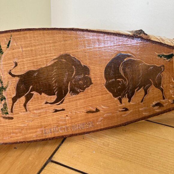 Forest Bison Buffalo Folk Art on Birch Wood Vintage Brest Belarus Souvenir - Picture 2 of 6
